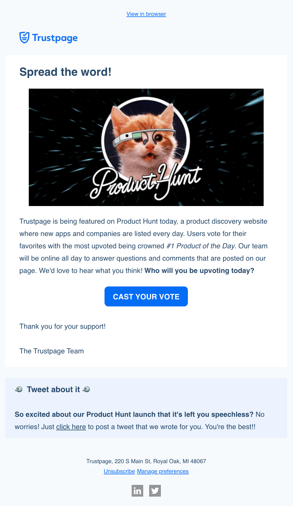 Email from Trustpage explaining that Trustpage is feature on Product Hunt and you should cast your vote today. 