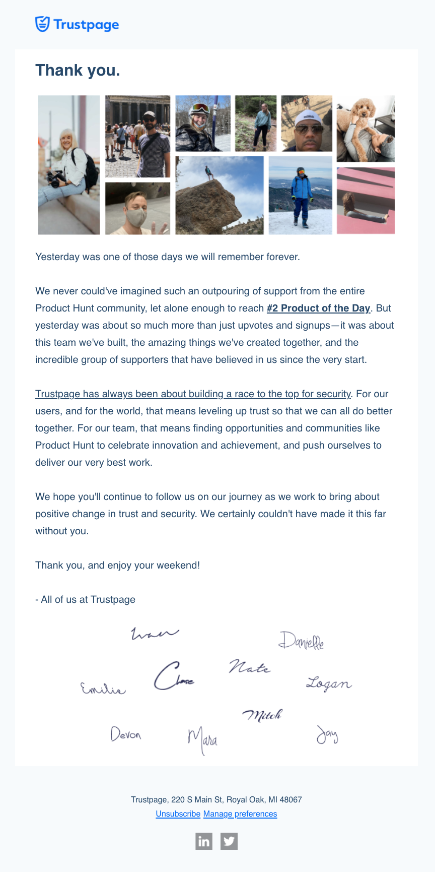 Thank you email from the Trustpage team sent post-product hunt. 